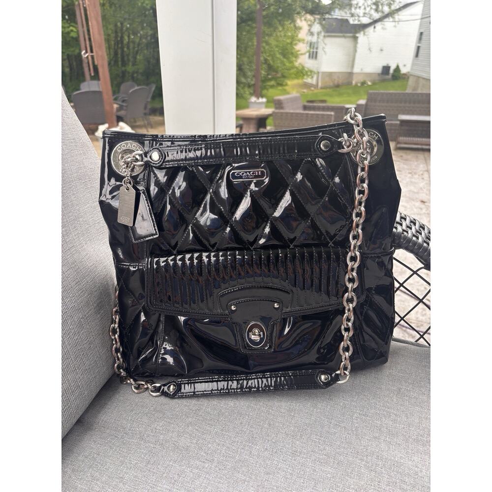 Coach Black Quilted Patent Leather Shoulder Bag with Silver Chain